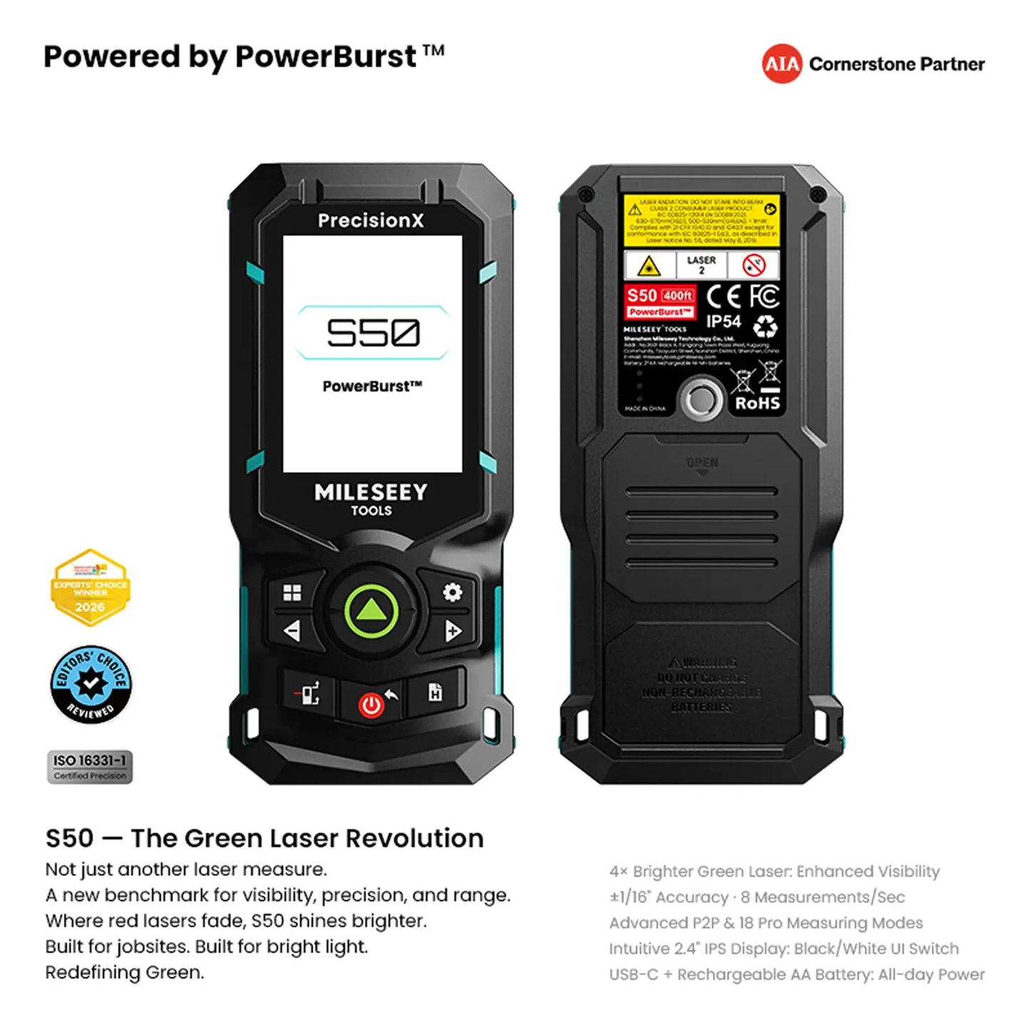 S50 Green-Beam Laser Measure Powered by PowerBurst™ Mileseey Canada